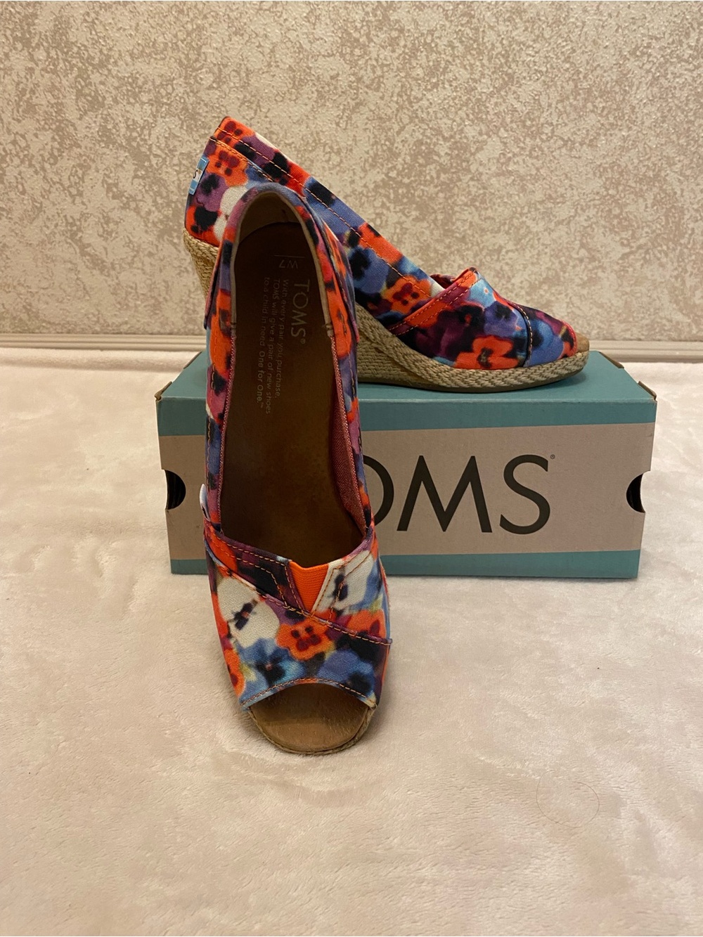 TOMS Orange Multicolored Floral Peep-Toe Espadrille Wedges